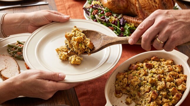 Two hands serving stuffing onto a plate at a festive dinner table  
