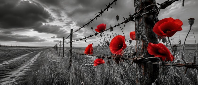 red poppies bloom beside a rusty barbed wire fence in a desolate black and white field under a dramatic cloudy sky