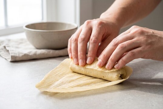 Hands folding a corn husk around masa filling to tightly roll a homemade tamale