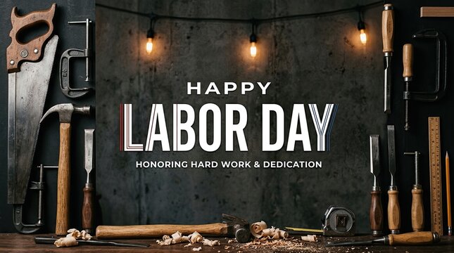 Rustic happy labor day background with vintage carpentry tools and warm lighting on a dark wooden wall
