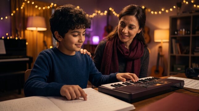 Blind child learning Braille through music with teacher