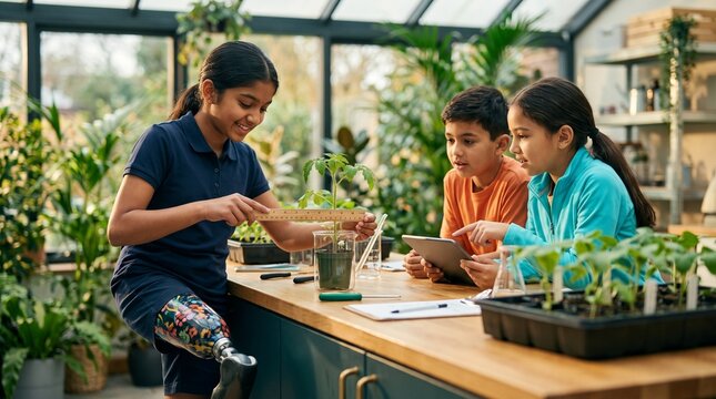 Student with prosthetic leg measuring plant growth in science class