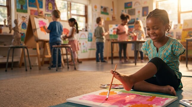 Child with upper limb difference painting with foot in art class