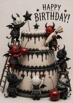 Cute Little Devil Monsters Decorating Birthday Cake With Playful Gothic Party Theme