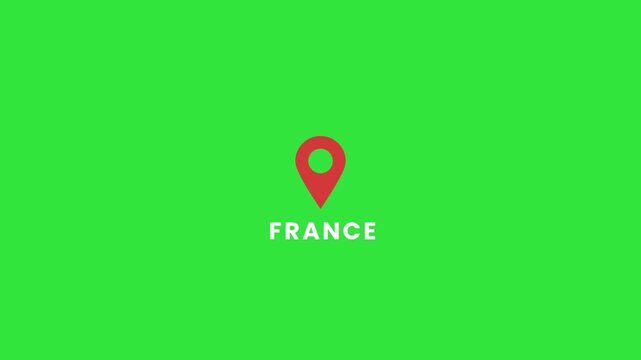 France Location Pin Icon on Green Screen Loop Animation with Map Marker Motion Graphics
