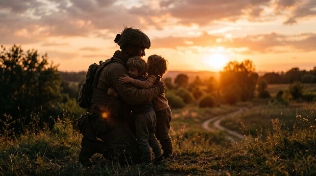 Proud American soldier in uniform returning from deployment and embracing his excited children outside their suburban house, capturing a touching military homecoming and family love concept.