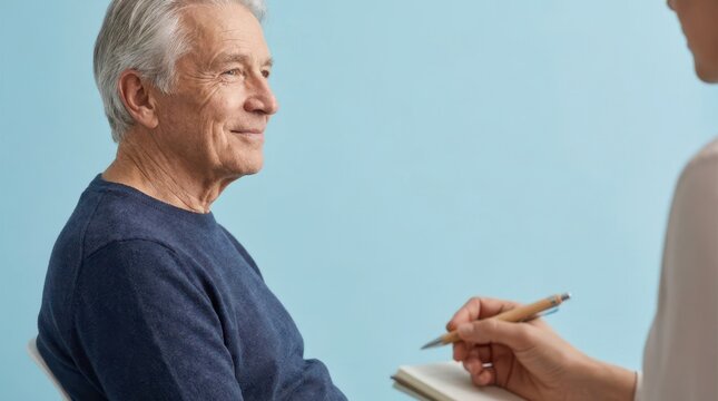 Smiling senior man speaking with female psychologist taking notes during positive counseling session.