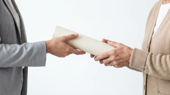 Close up of therapist handing rolled document or certificate to senior client after completing course.