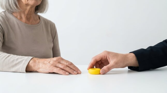 Close up of psychologist placing yellow anti stress ring on table during therapy session with senior client.
