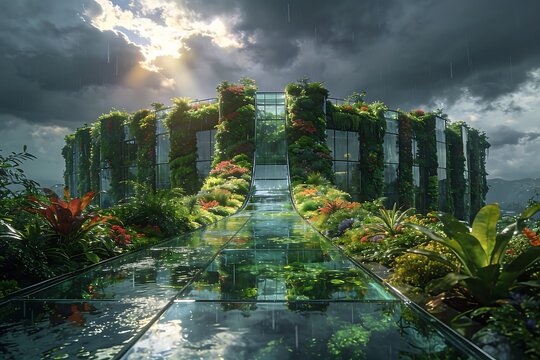 Modern eco architecture covered with lush vertical gardens collects rainwater through glass channels beneath dramatic clouds opening to sunlight