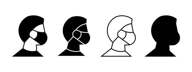 Set of human profile icons wearing medical face masks in different black and white vector styles