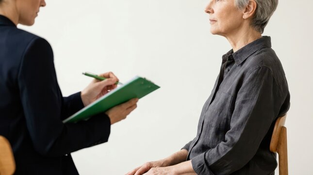 Senior woman listening to female therapist writing notes on green clipboard during session.