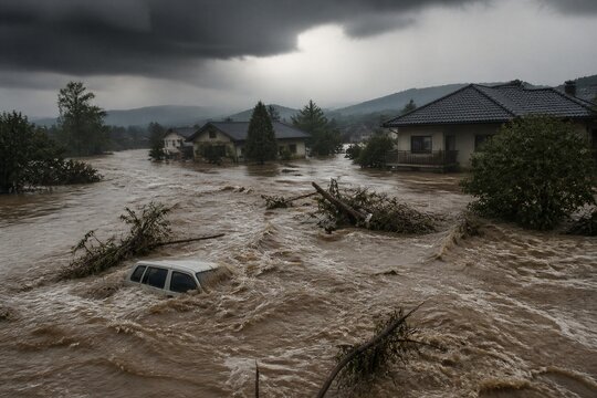 Residential homes surrounded by raging floodwaters during storm