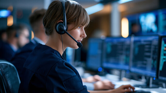Faceless 911 operator monitoring emergency calls in dispatch center, defocused background, with copy space