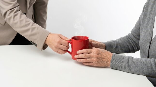 Social worker serving hot red mug of tea to senior person during consultation support session.