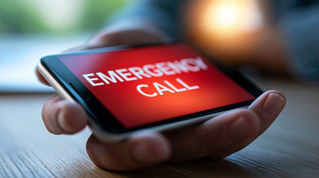 Close-up of smartphone displaying emergency contact with urgent red background, defocused background, with copy space