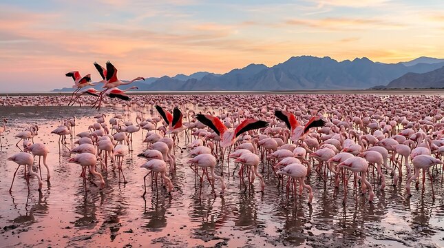 Greater Flamingo Flock Barr al Hikman Oman Tidal Flat Sunrise Arabian Wetland