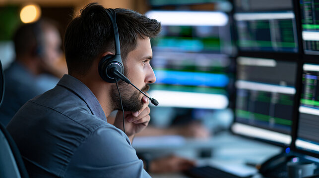 Faceless 911 operator monitoring emergency calls in dispatch center, defocused background, with copy space