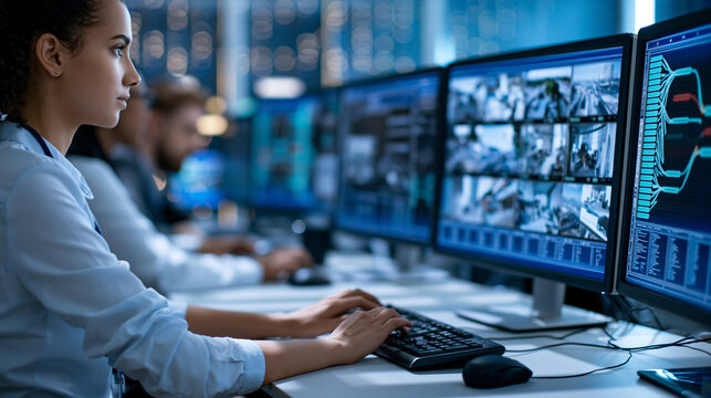 Faceless security officers monitoring surveillance feeds and incident data in control room, wide angle view, defocused background, with copy space