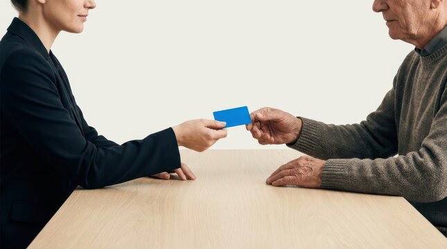 Female social worker handing blue plastic card or document to senior man across wooden desk.