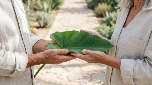 Close up of senior man and woman holding large green leaf together in garden outdoors.