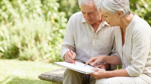 Senior man and woman drawing sketch on notebook together sitting on wooden bench outdoors.