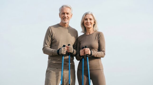 Full length portrait of senior couple standing outdoors holding Nordic walking poles in sportswear.