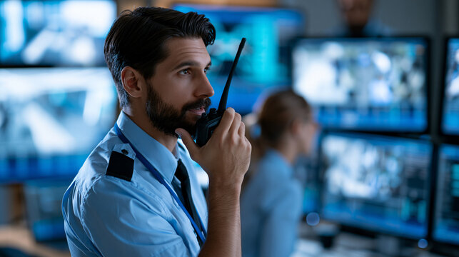 Faceless security officer monitoring surveillance screens, speaking on radio during incident response, defocused control room background, with copy space