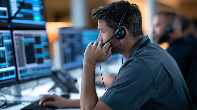 Faceless emergency call center manager, police officer monitoring security operations, defocused background, with copy space