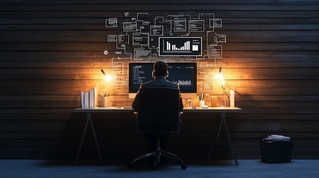 Nighttime coder focused on project, with holographic interface