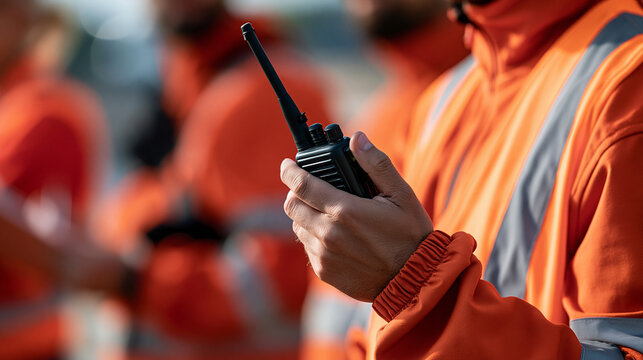 Close-up of hand holding radio transmitter while coordinating emergency response, defocused background, with copy space