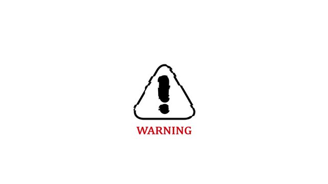 Animated warning sign with glitch effect on white background, alert danger caution