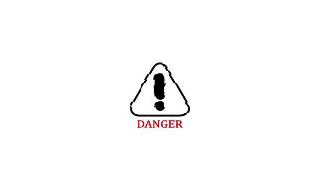 Animated danger warning sign with pulsing alert effect on white background, hazard caution