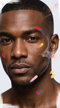 Mixed-media portrait of man with colorful paint strokes