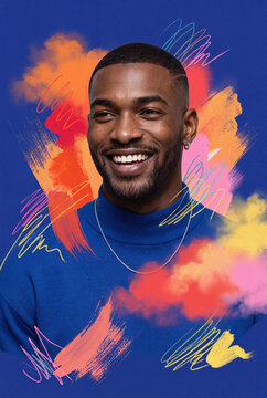 Smiling man portrait with vibrant abstract paint and scribble