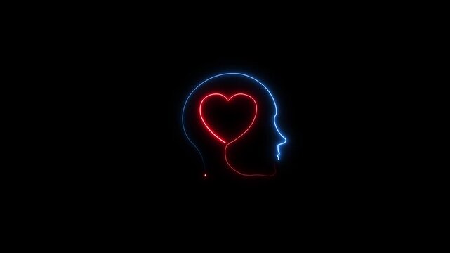Neon human head profile with glowing heart symbolizing mental health and emotional intelligence