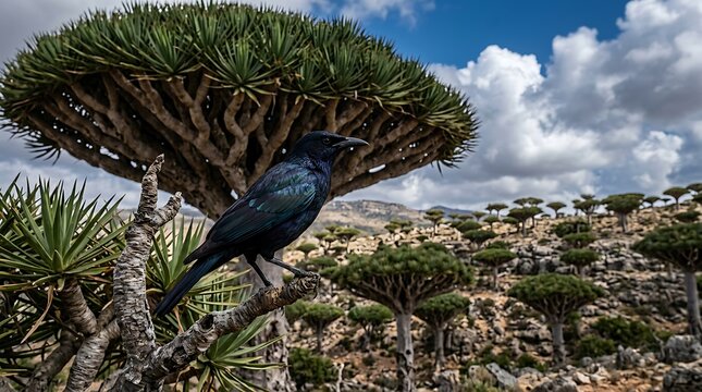 Socotra Starling Dragon Blood Tree Yemen Endemic Island Wildlife Rare Bird