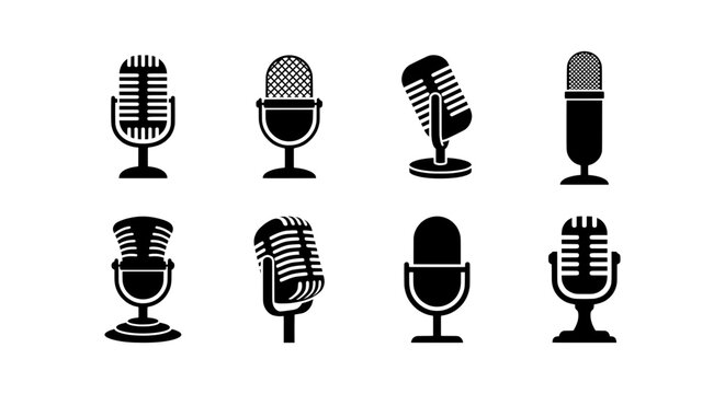 Retro Microphone Icons Collection, Vintage Audio Recording Equipment Set, Classic Broadcast Studio Gear