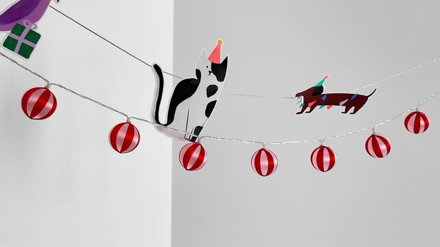 Festive paper party garland with cat, dog illustrations and red striped ball lights swaying gently in the wind against white background at home