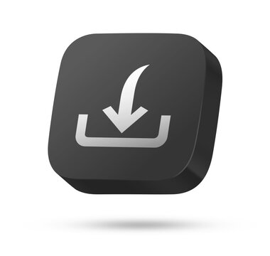 File download symbol on dark 3D square button for data saving content transfer and app interface concept