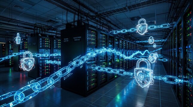 Digital locks and chains float in server room filled with computer servers. High-tech setting showing importance of cybersecurity. Concept of IT security, data protection, technology