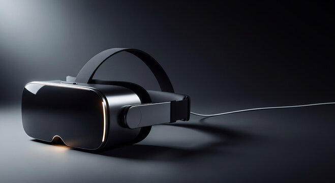 Modern black virtual reality headset on dark studio background