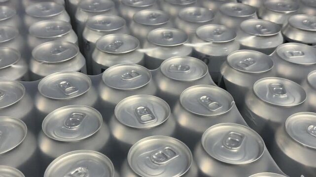 Rows of sealed aluminum cans are grouped in multipacks, creating a clean commercial display suitable for wholesale supply, retail sales and beverage distribution. Close up.