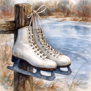 A pair of white ice skates dangles from a wooden fence post beside a tranquil frozen pond, set against a backdrop of muted winter hues