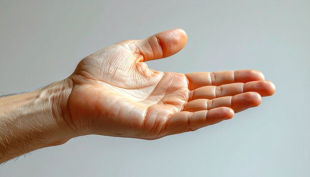 Open human hand palm facing upwards reaching out against a neutral background symbolizing giving receiving or asking for help
