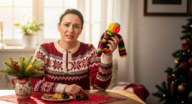 Bulgarian woman confused holding colorful sock toy at Christmas dinner table - Concept of bad gift  