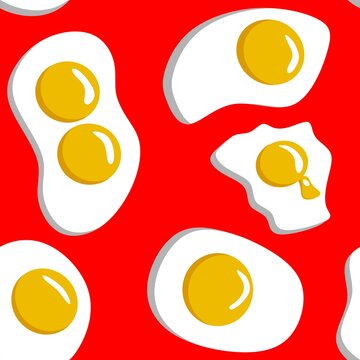 Fried eggs with golden yolks pattern on vibrant red background.
