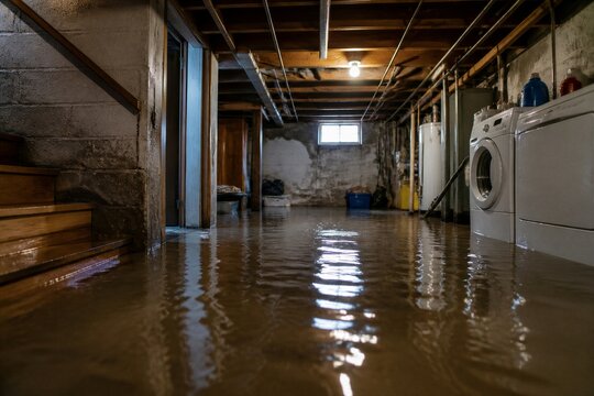 Basement interior flooded with standing water and appliances
