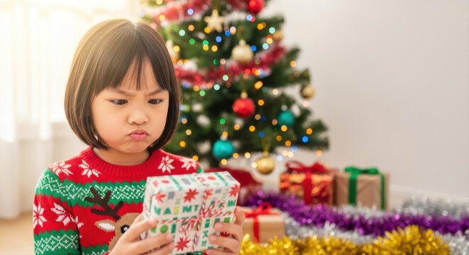 Young Chinese girl frowning while opening Christmas gift under tree - Concept of bad gift  