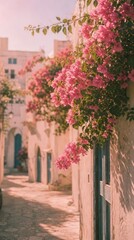 Obraz premium Charming street with pink flowers and white buildings mobile wallpaper.